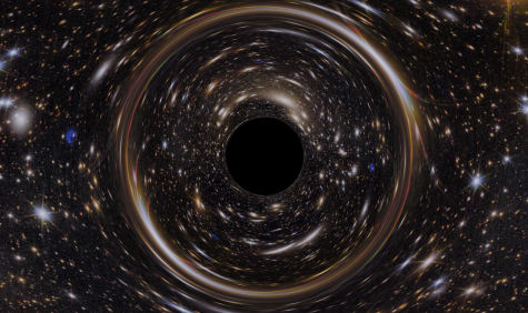 The black hole distorts the light from stars in the background. Thus, the ring around the black hole, a so-called Einstein ring, projects light rays from stars directly behind the black hole.